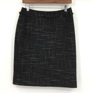 Ann Taylor Petite Skirt Womens 2P Black White Tweed Wool Blend Pencil Fringe